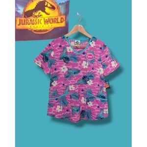 Jurassic World Scrub Top V Neck Dino Skin Floral Botanical Size Small Womens NEW